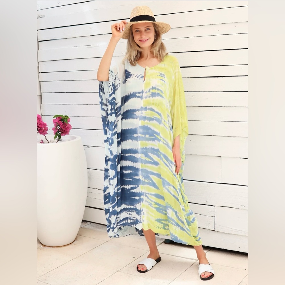 🌟YOUNG FABULOUS BROKE YFB Cyrilla Tie Dye Kaftan Dress in Zest Reef Wash 🌟 M/L - Picture 5 of 16